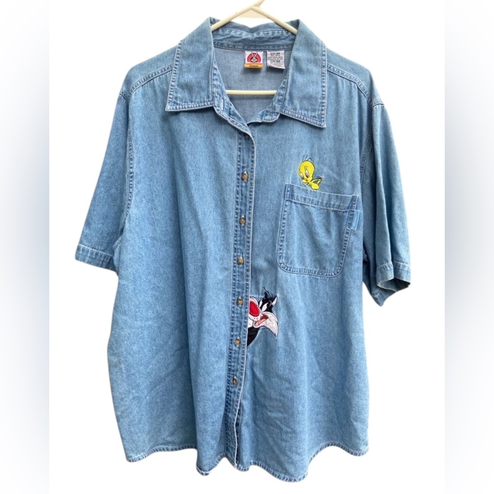 Vintage Looney Tunes Warner Brothers Womens Blue Button Down Shirt Sz 22W
